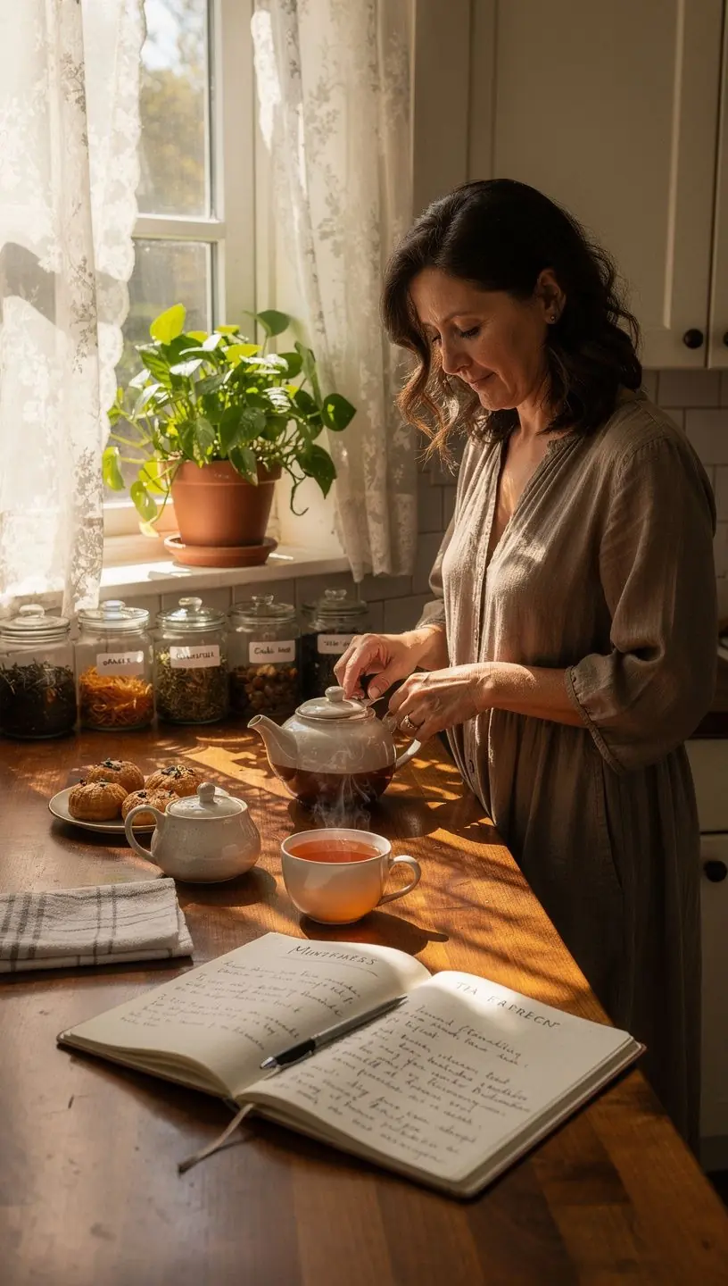 Žmogaus ranka pilanti šviežią arbatą į stiklinį puodelį, simbolizuojanti kasdienius ritualus ir atsipalaidavimą.