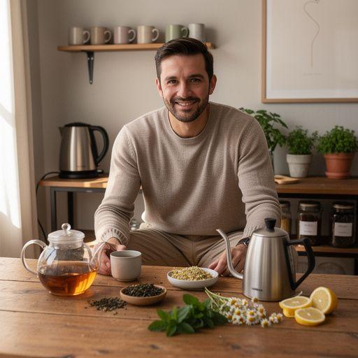 Šiltas puodelis žaliosios arbatos ant medinio stalo su saulės spinduliais fone, simbolizuojantis kasdienį atsinaujinimą.